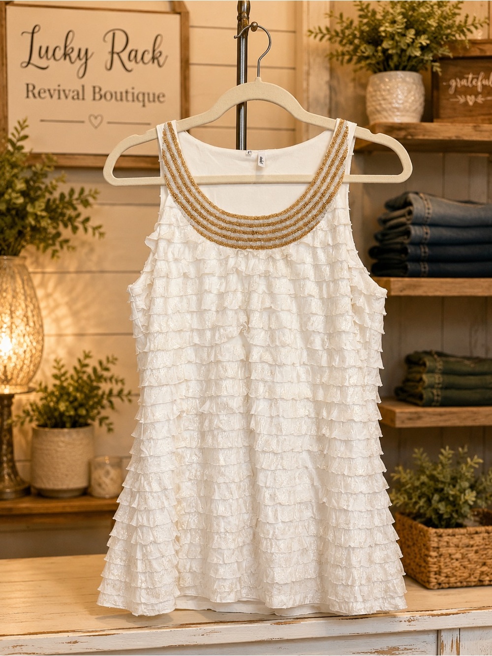 Studio Y Ivory Ruffle Tank Top with Gold Beaded Neckline | Size M